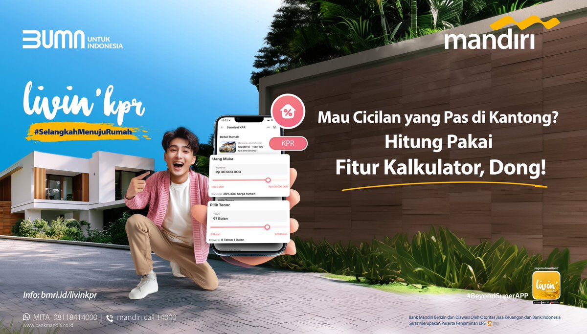 Hitung cicilan rumah impian kini jadi lebih mudah! 🏡🤩

Dengan Livin’ KPR dari Bank Mandiri, kamu bisa cek simulasi cicilan yang pas di kantong dengan fitur kalkulator langsung dari aplikasi!

✅ Mudah, cepat, dan transparan�
✅ Bisa disesuaikan dengan kebutuhanmu
✅ Sesuai