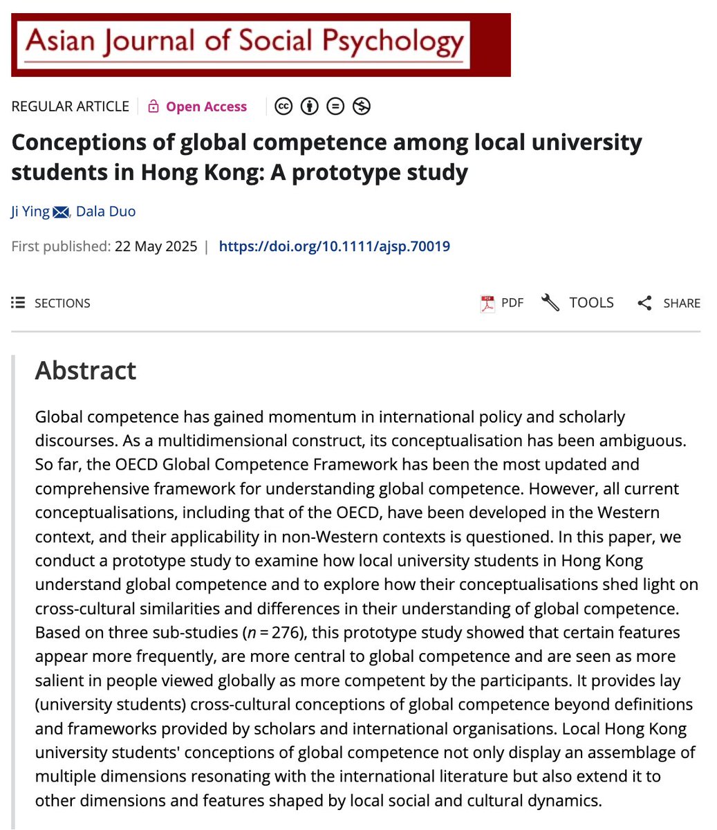 New on #AJSP 

Conceptions of global competence among local university students in Hong Kong: A prototype study

Ji Ying, Dala Duo
doi.org/10.1111/ajsp.7…