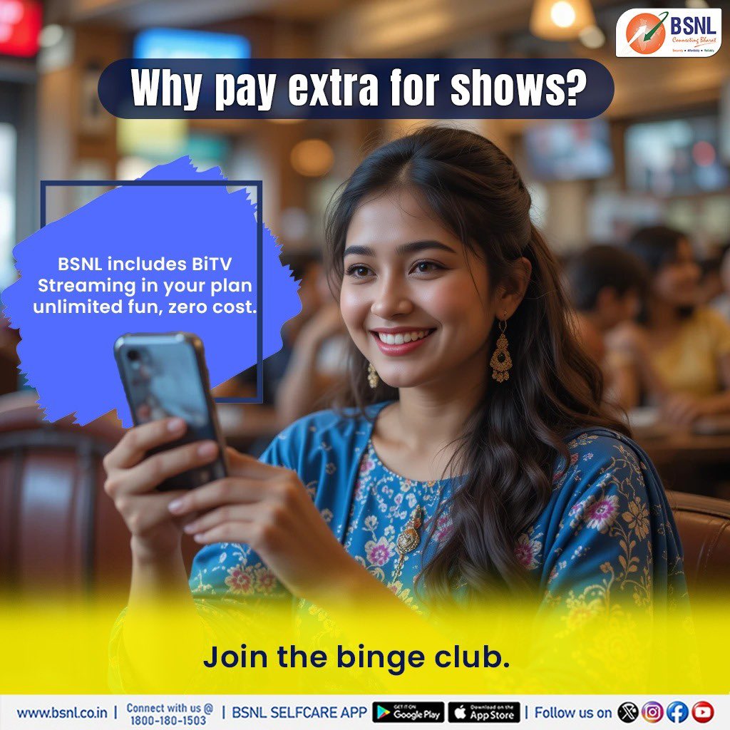 Unlimited streaming, now on us! 

BiTV is included FREE with every BSNL mobile plan—no extra fees, just non-stop entertainment!

Subscribe right away!

#BSNLIndia #FreeStreaming #BiTV