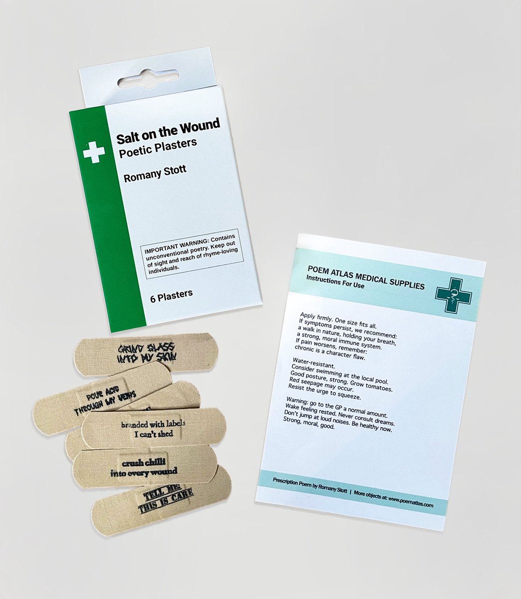 Today, we are proud to be launching Salt on the Wound, a pack of poetic plasters by the wonderful <a href="/RomanyStott/">Romany Stott</a>! Visit our website or the <a href="/emergencypoet/">Poetry Pharmacy 🚑💊📚🇪🇺</a> to grab your copy! £7 per pack. 💚