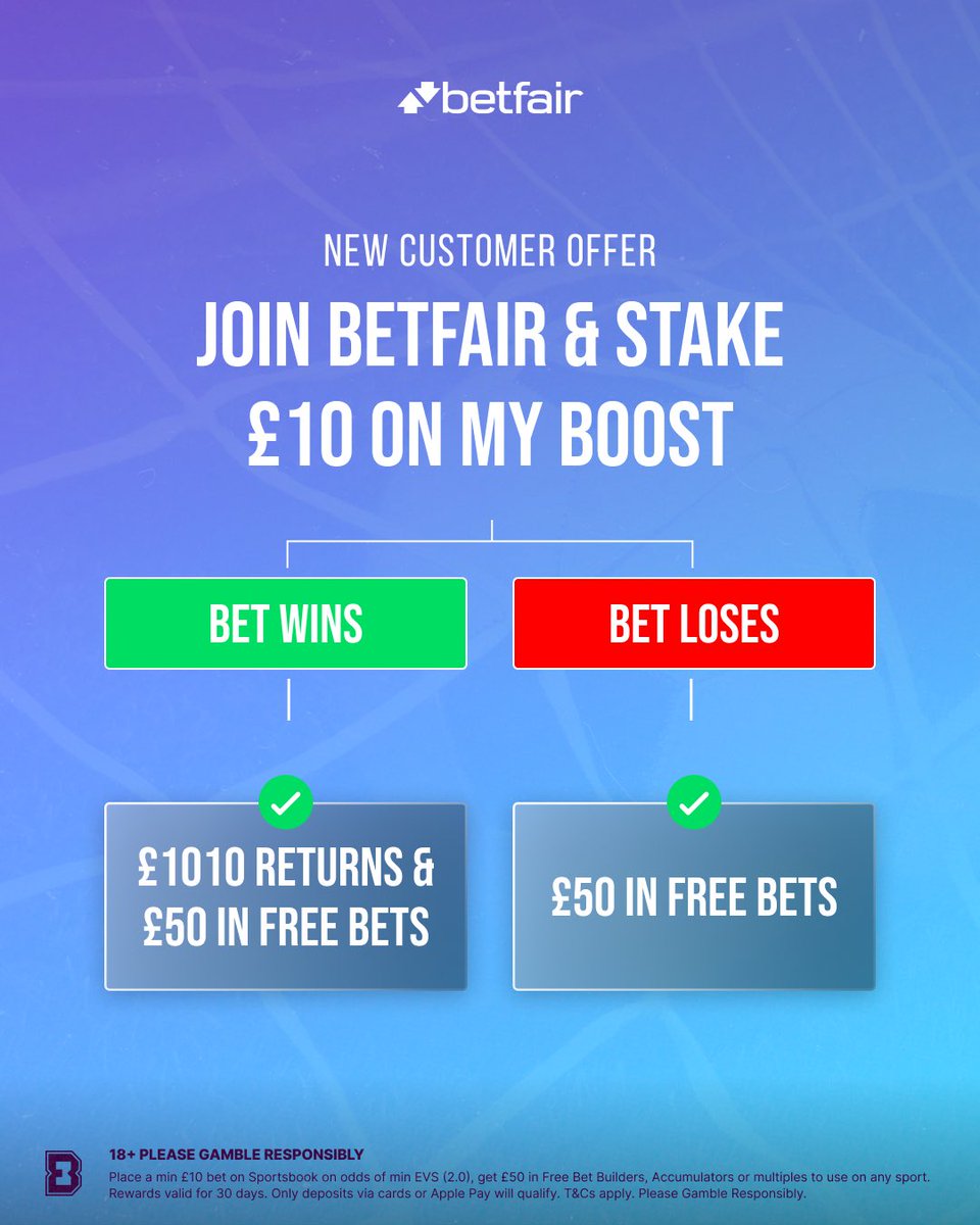 🚨 GET SET UP FOR MY 100/1 BOOST WITH BETFAIR.

You won’t find close to this price elsewhere.

📌Join here: bit.ly/BF-G50

Stake £10 on my 100/1 as your first bet.

✅ Bet wins - win £1,010 and get £50 in Free Bets.

✅ Bet loses - you still get £50 in Free Bets.

18+,