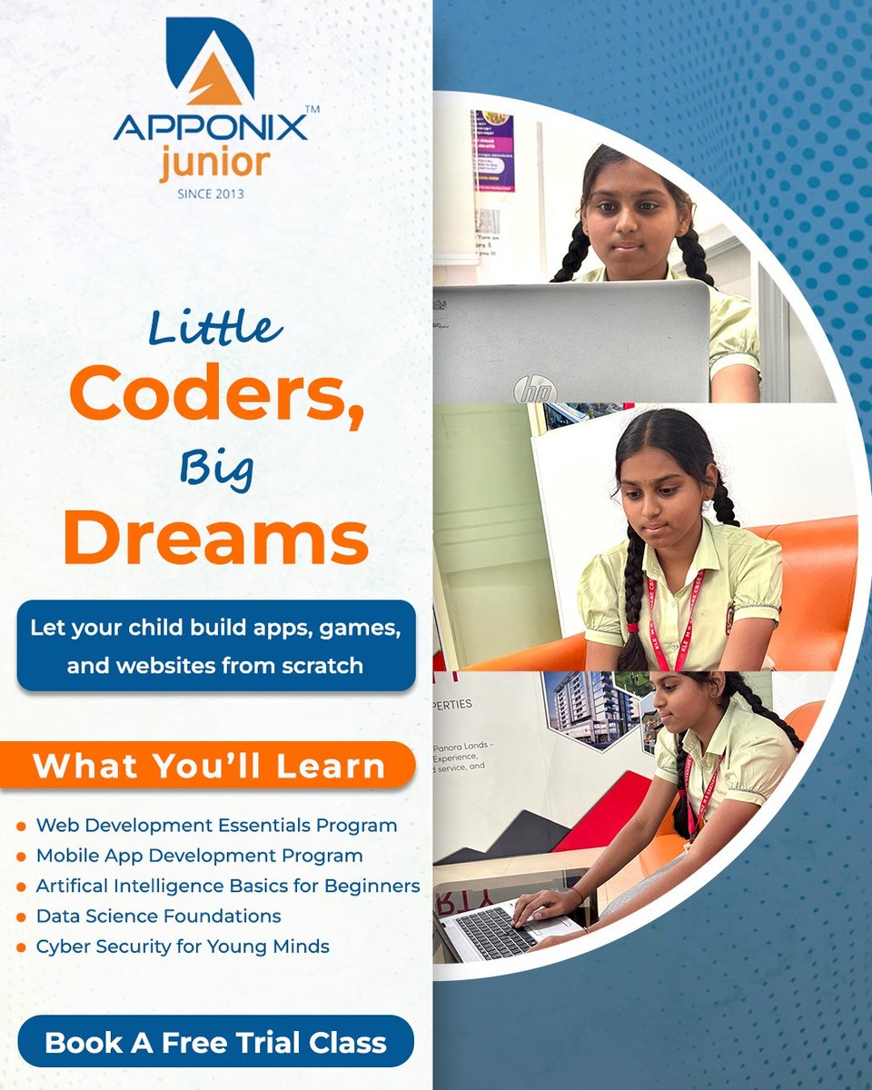apponixjunior's tweet image. 👩‍💻 Little Coders, Big Dreams
At Apponix Junior, kids build apps, games &amp;amp; websites while learning AI, Web Dev, &amp;amp; more 🚀
Book a FREE trial class today 🌈🖥️🎮
#ApponixJunior #KidsWhoCode #STEMeducation #FutureTechLeaders #CodingForKids #GirlsWhoCode 💻✨