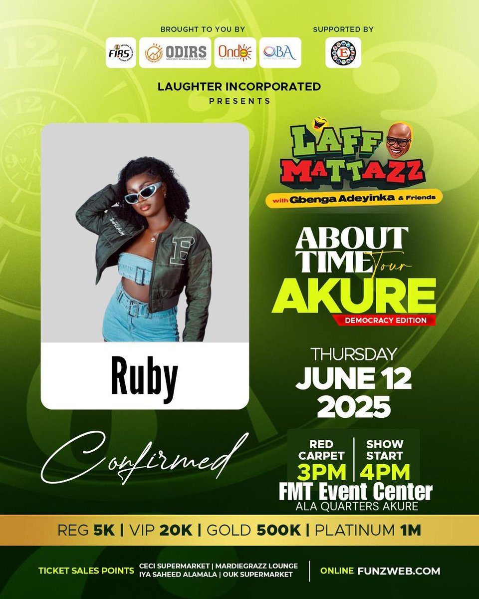 Àkúré! #Laffmattazz Thursday June 12 2025 

KOJAH KAZE, EREKERE, MC JINGLE , RUBY 🔥

Venue is FMT EVENTS CENTER ALA QUARTERS Akure
⏰ Red Carpet: 3PM | Show Starts: 4PM
Book now (before e enter "sold out")
👉 FUNZWEB.com
Powered by: FIRS | ODIR l Eleganza