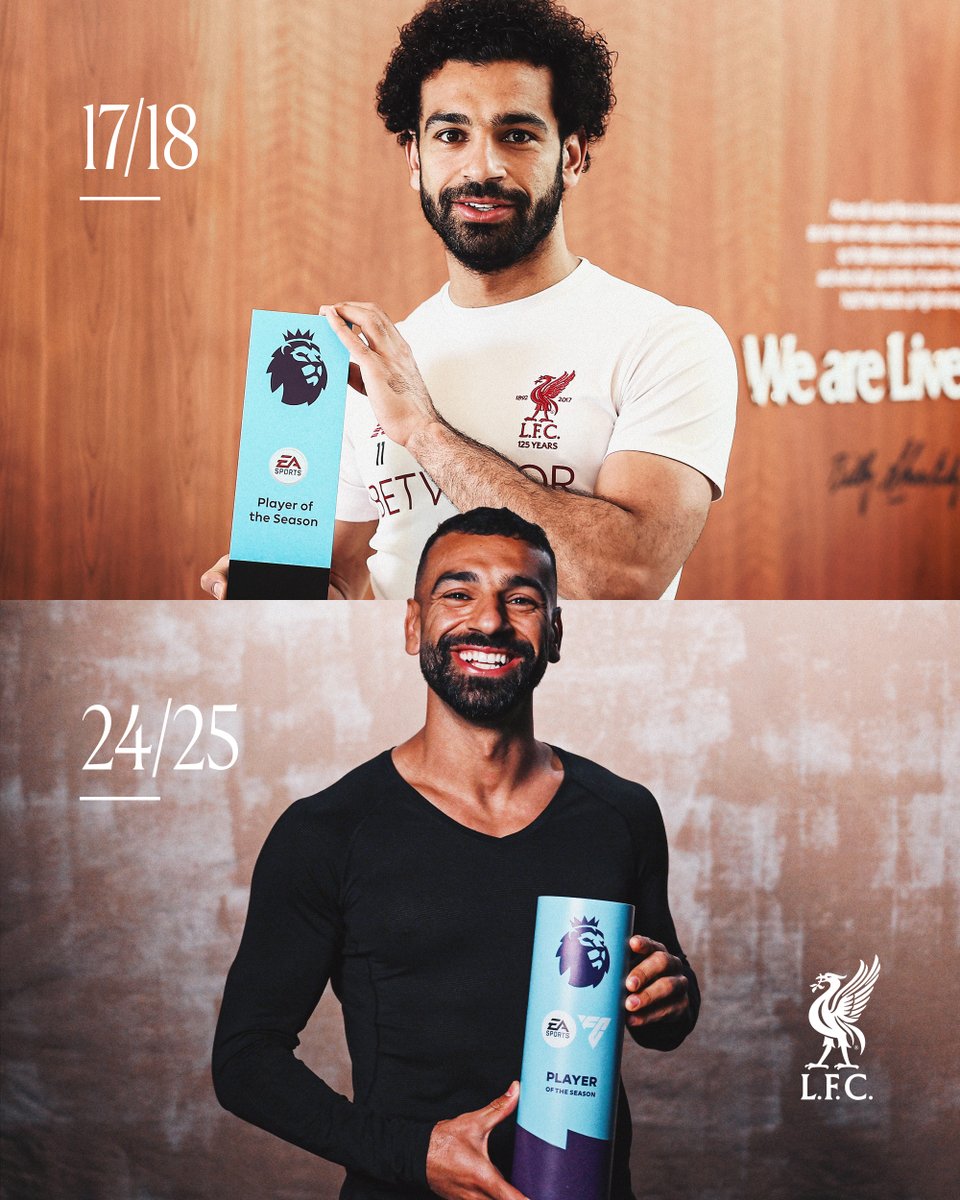 Photography of Mo Salah winning the Premier League Player of the Season award in the 2017/18 and 2024/24 seasons.