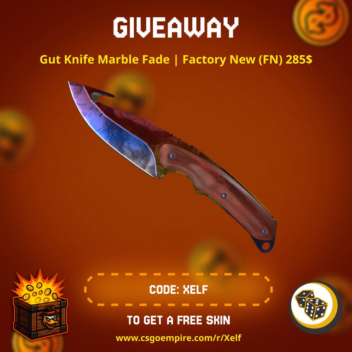 CodeXelf's tweet image. GIVEAWAY GUT KNIFE MARBLE FADE (FN)
1️⃣ Follow @CodeXelf 🔔
2️⃣ Like, RT & Tag 2 Friends
3️⃣ Register on CsgoEmpire with code XELF
csgoempire.com/r/Xelf (proof below)
Winner in 7 days! 🎁
#CS2 #Giveaway #Skins #CS2Giveaway #CS2Skin #CounterStrike #Leaderboard #CsgoEmpire