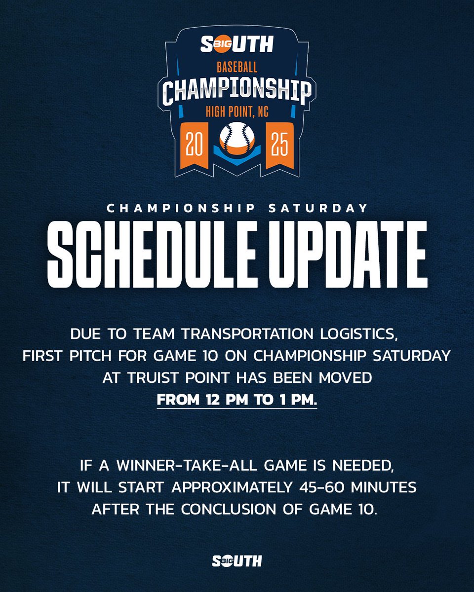 Big South Conference (@bigsouthsports) on Twitter photo SCHEDULE UPDATE ๐จ
Due to team transportation logistics, first pitch on Championship Saturday at Truist Point has been moved from ๐ญ๐ฎ ๐ฃ๐ to ๐ญ ๐ฃ๐ .
<a href="/UpstateBSB/">USC Upstate Baseball</a> | <a href="/CSU_BucBaseball/">Charleston Southern Baseball</a> SCHEDULE UPDATE ๐จ
Due to team transportation logistics, first pitch on Championship Saturday at Truist Point has been moved from ๐ญ๐ฎ ๐ฃ๐ to ๐ญ ๐ฃ๐ .
<a href="/UpstateBSB/">USC Upstate Baseball</a> | <a href="/CSU_BucBaseball/">Charleston Southern Baseball</a>