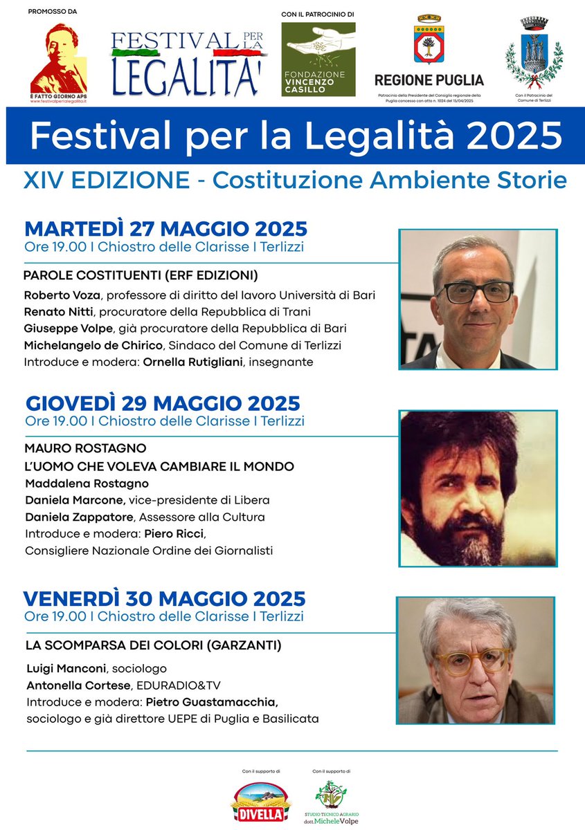 Torna 𝐝𝐚𝐥 𝟐𝟕 𝐚𝐥 𝟑𝟎 𝐦𝐚𝐠𝐠𝐢𝐨 a Terlizzi (BA) presso il suggestivo Chiostro delle Clarisse È Fatto Giorno APS - Festival per la Legalità giunto alla sua XIV Edizione, con un calendario ricco di appuntamenti dedicati al tema 𝐂𝐢𝐭𝐭𝐚𝐝𝐢𝐧𝐚𝐧𝐳𝐚 – 𝐬𝐭𝐨𝐫𝐢𝐞 –