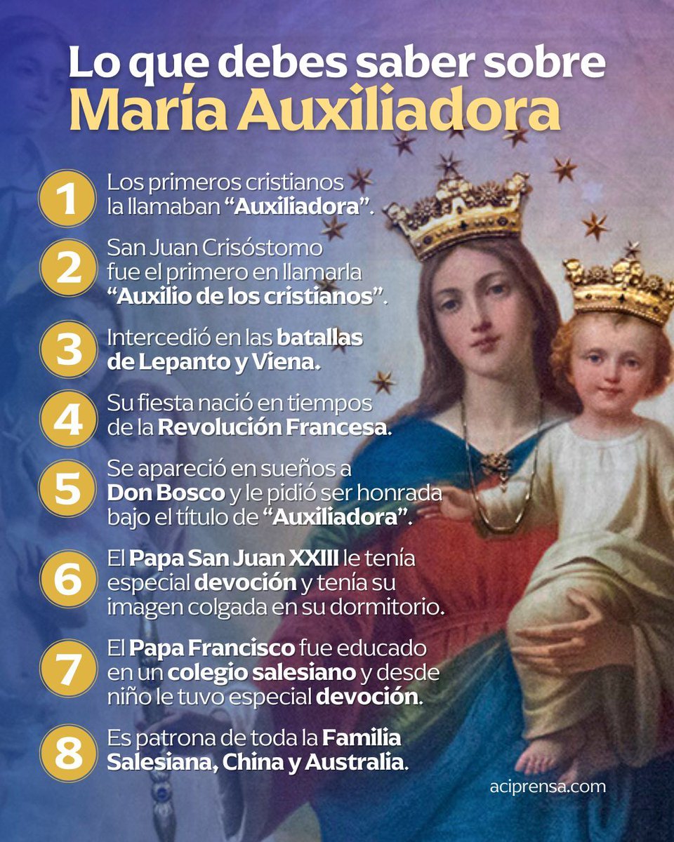 Cada 24 de mayo la Iglesia celebra a la Madre de Dios bajo la advocación de ‘Santa María, Auxilio de los cristianos’ [Maria Auxilium Christianorum], conocida popularmente como Santa María Auxiliadora, o, simplemente, María Auxiliadora.

“En el cielo nos quedaremos gratamente
