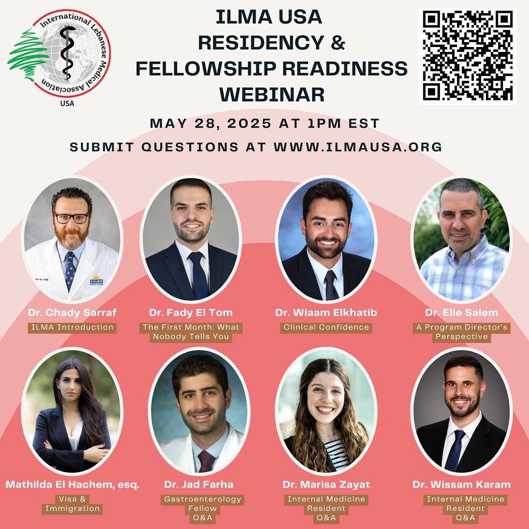 📢 Reminder: ILMAUSA Residency Readiness Webinar – May 28, 1 PM EST!

Newly matched? Join us for tips on visas, EMRs, wellness &amp; more + live Q&amp;A!

✅ Register now: ilmausa.org/ilma-usa-webin…  to get the Zoom link.

#ILMAUSA #IMGsupport #Match2025 #ResidencyPrep #LebaneseDoctors