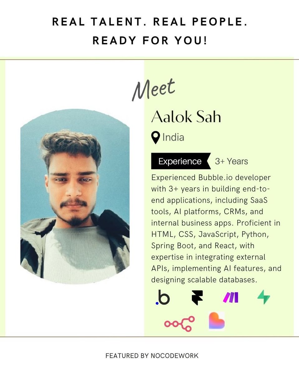 Nocode_work's tweet image. NoCode Talent Spotlight 14   
Meet Aalok Sah 🇮🇳 – Bubble.io expert with 3+ years building SaaS, CRMs &amp;amp; AI apps. Combines no-code speed with real code power.

Connect with Aalok here: lnkd.in/gcJCjr7y

#NoCodeTalent #BubbleDeveloper #BubbleIO #AIPlatforms