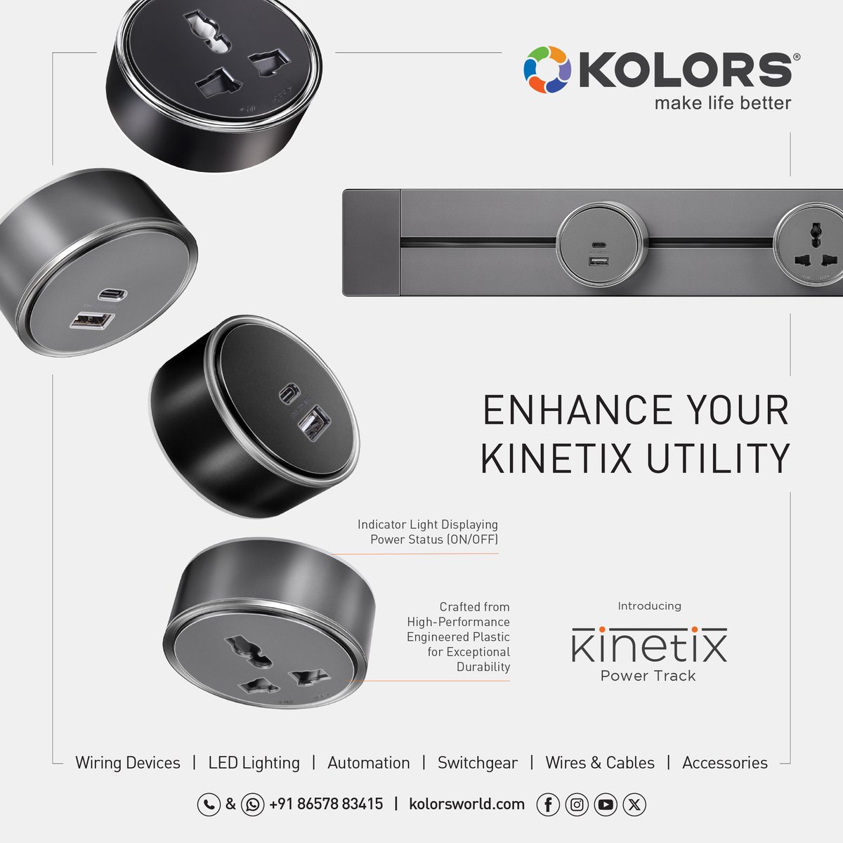KolorsIndia_tw's tweet photo. Boost the functionality of your Kinetix Power Tracks with our array of movable sockets, allowing you to power numerous devices conveniently and stylishly. Upgrade your space with the Kinetix power track that integrates seamlessly into your modern spaces.✨

#PowerTrack #Kolors https://t.co/lbTGmMO13U