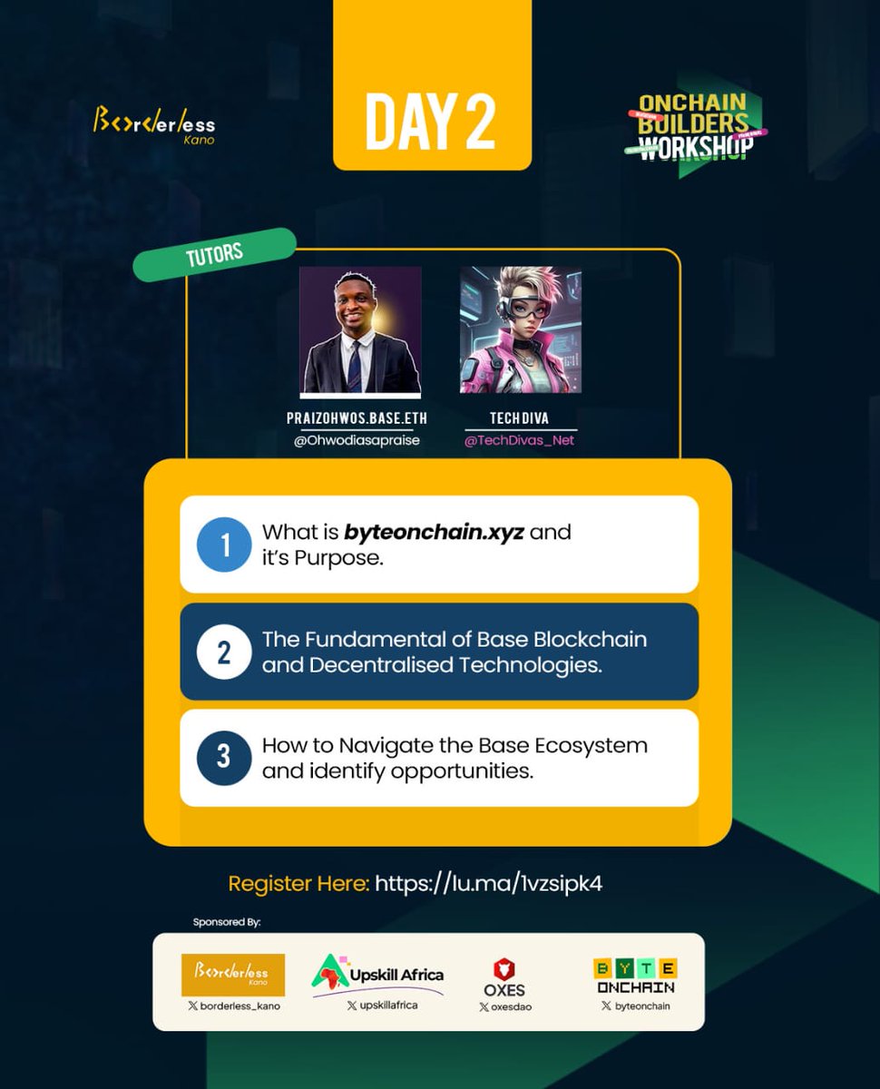 borderless_kano's tweet photo. We continue day 2 today
Come join us by 8:30pm on telegram
As we explore the world of @base
With @OhwodiasaPraise and #byteonchain with @TechDivas_Net https://t.co/Ym8MtxnZTC