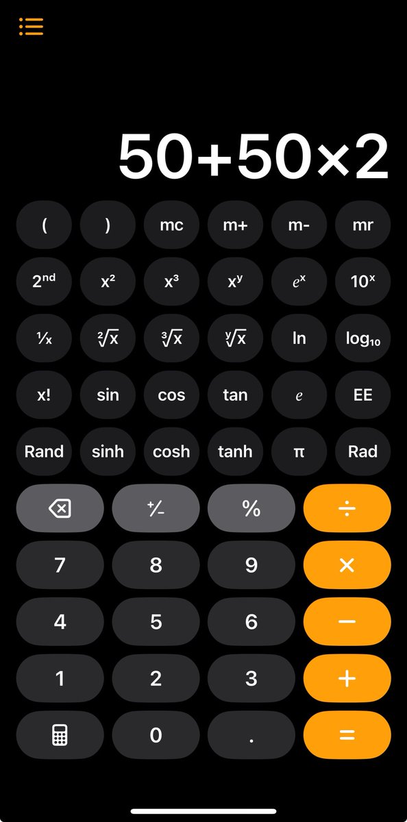 alecarrella's tweet photo. @Rainmaker1973 The iPhone executes this which is correct as multiplication are computed first. The old calculator computes (50+50)x2, that is it puts parentheses at its choice https://t.co/mbk6mYETo8