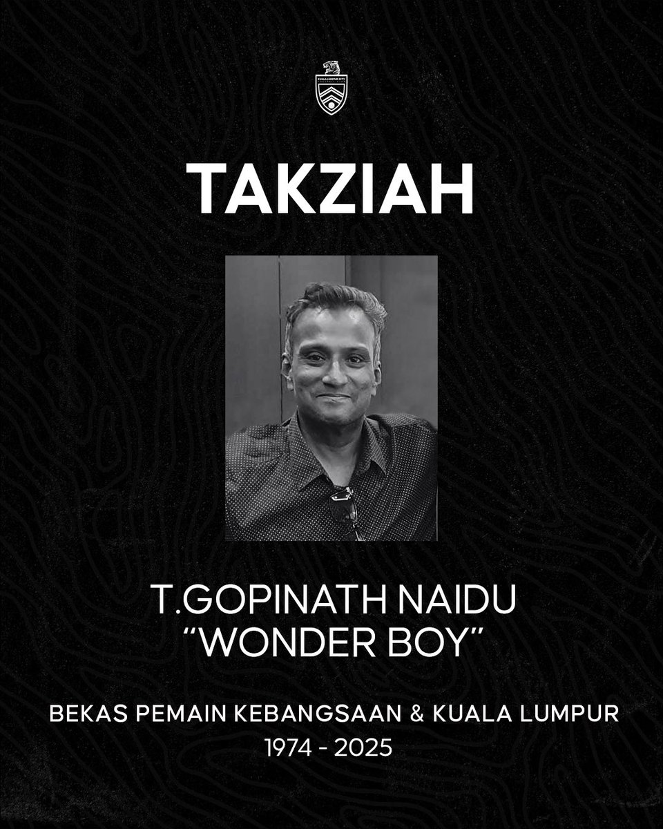 Kuala Lumpur City Football Club merakamkan ucapan Takziah kepada keluarga bekas pemain kebangsaan &amp; Kuala Lumpur, T. Gopinath Naidu. Pemergian beliau merupakan satu kehilangan besar buat dunia bola sepak Malaysia.

#klbandarayarendahkarbon #klcityfc #sampaimatikualalumpur
