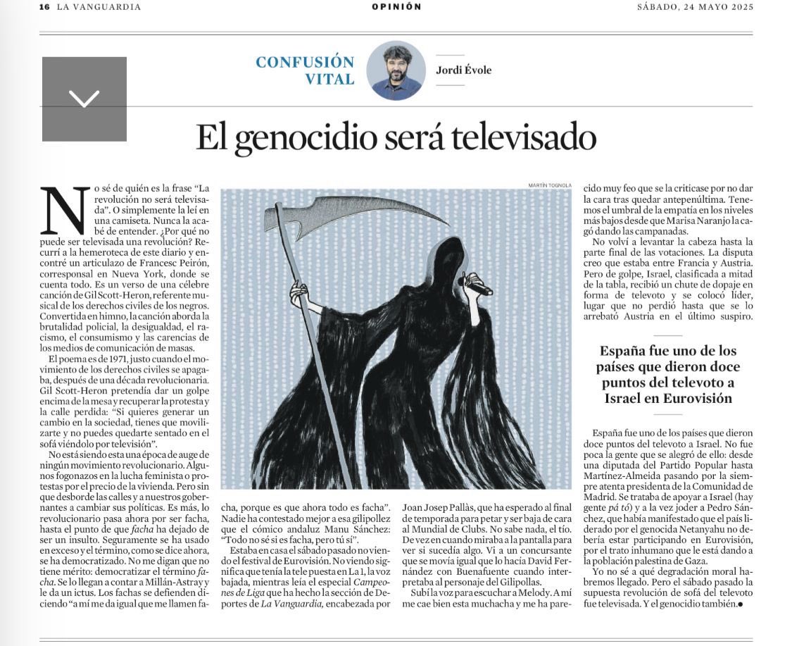 🎩 Jordi, <a href="/jordievole/">Jordi Évole</a> <a href="/LaVanguardia/">La Vanguardia</a> gracias por tu columna “El genocidio será televisado”.
Querías sonar profundo.
Pero solo lograste lo de siempre:
👉 Acusar a Israel y mirar para otro lado cuando se trata de los judíos asesinados.

⸻

📺 Porque sí, Jordi, fue televisado.
Los