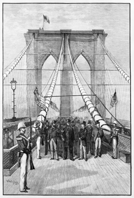 #TalDíaComoHoy, hace 142 años. 24 de mayo de 1883. Se inaugura en Nueva York, EEUU, tras 14 años de obras, el Puente de Brooklyn, el mayor jamás construido hasta entonces. Con una longitud cercana a los 2 km y sus torres neogóticas, fue considerada la octava maravilla del mundo🧵