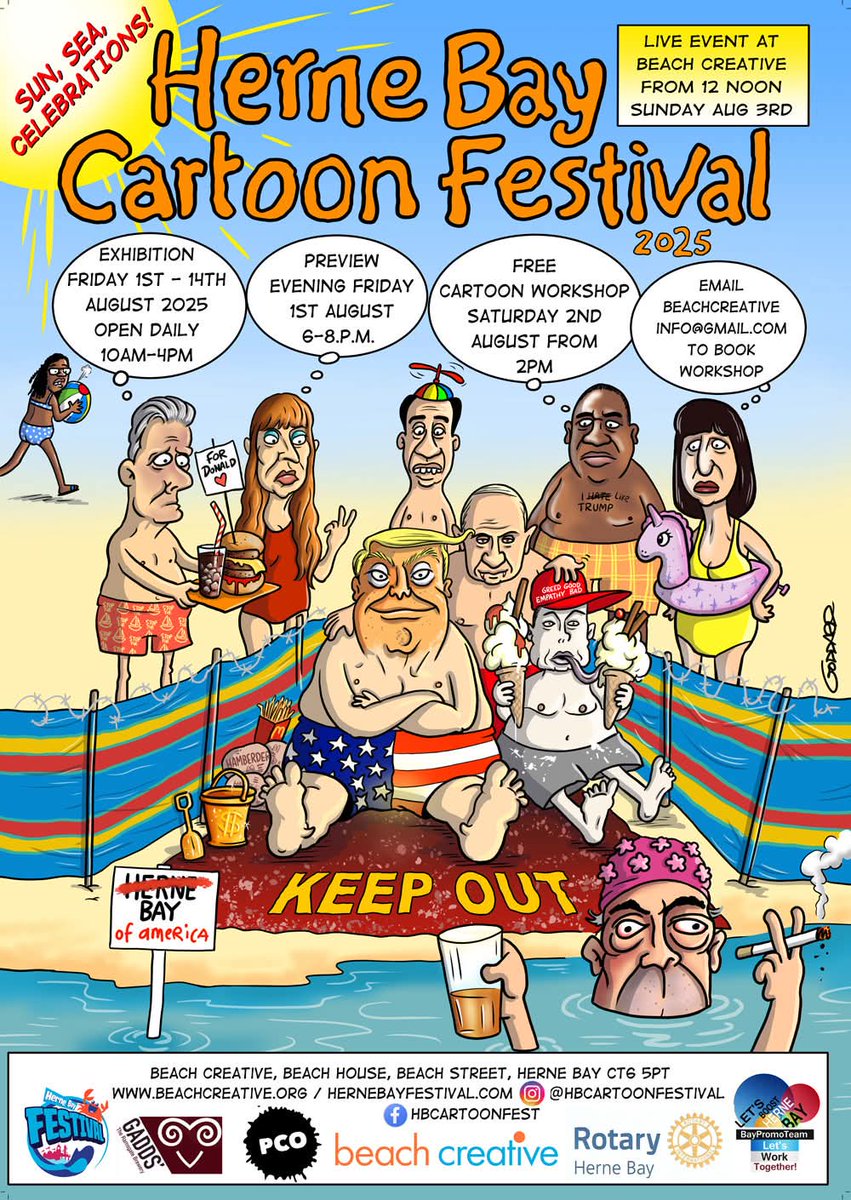 Cartoon Festival (@hbcartoonfest) on Twitter photo Here's the poster for the 2025 Herne Bay Cartoon Festival, drawn by Clive Goddard.
This year the festival is being organised by <a href="/BeachCreative/">Beach Creative CIC</a> with @Procartoonists
Please direct any queries to the address on the poster: beachcreativeinfo@gmail.com Here's the poster for the 2025 Herne Bay Cartoon Festival, drawn by Clive Goddard.
This year the festival is being organised by <a href="/BeachCreative/">Beach Creative CIC</a> with @Procartoonists
Please direct any queries to the address on the poster: beachcreativeinfo@gmail.com
