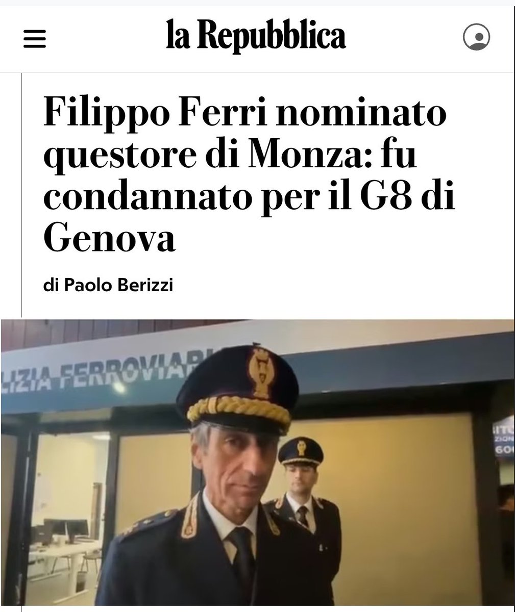 Filippo Ferri, dalla Polfer lombarda alla questura brianzola: in Cassazione fu condannato a 3 anni e 8 mesi per le violenze della Diaz. Con questo governo se sei un criminale condannato fai carriera.
#Meloni #Piantedosi