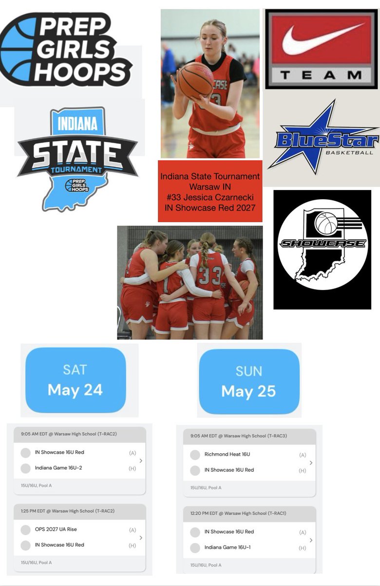 Good luck to <a href="/JessicaC1434/">Jessica Czarnecki</a> and her showcase red 16u teammmates. <a href="/coachbgorman/">Coach Gorman</a> <a href="/PGHCircuit/">Prep Girls Hoops Circuit 🏀</a> <a href="/PGHAkeem/">Akeem Webb</a> <a href="/alyxwhite_/">Alyx White</a> <a href="/JrAllStarBB/">Jr. All-Star Girls Basketball</a> <a href="/JDabbs86/">Jim Dabbelt</a> <a href="/FHighlanders/">FC Lady Highlanders</a> <a href="/PrepHoopsIN/">Prep Hoops Indiana</a> <a href="/indallstars/">Indiana All-Stars</a> <a href="/NE2KHoops/">NE2KHoops</a>
