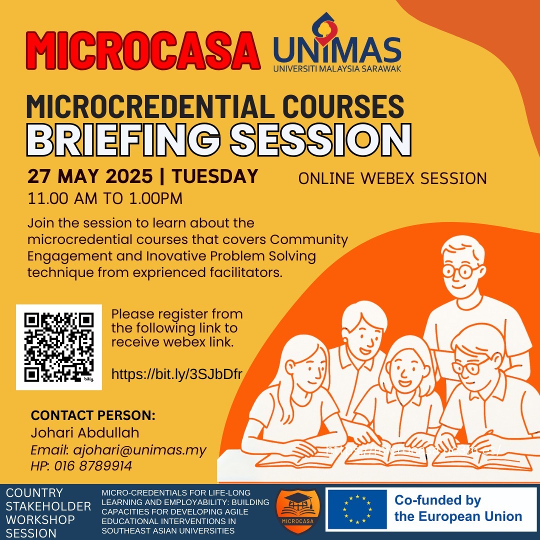 📣 Calling NGOs &amp; community leaders!
Join our MICROCASA @ UNIMAS Online Briefing
🗓 27 May | 🕚 11AM–1PM | 💻 Webex
Discover microcredential courses &amp; share your feedback!
🔗 Register: bit.ly/3SJbDfr
#MICROCASA #UNIMAS #StrokeCare #CommunityLearning #Microcredentials