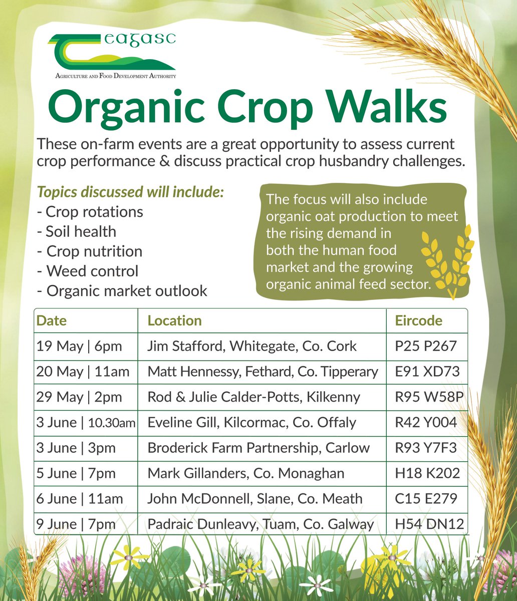 teagasc's tweet photo. Topics to be discussed at the upcoming series of Organic Crop Walks include crop rotations, soil health, crop nutrition, weed control, and the current organic market outlook. 
Find out more https://t.co/xJlrC1nGDa
@TeagascOrganics https://t.co/noJ4gcF88M
