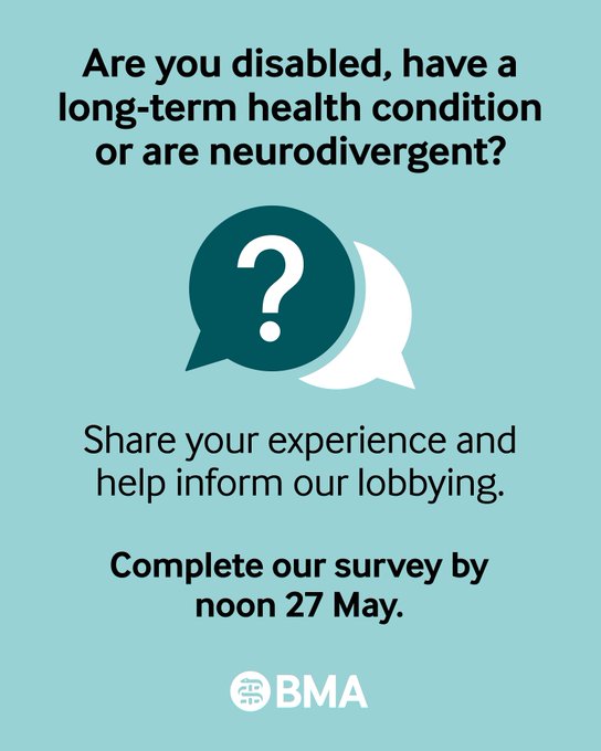 SURVEY now open for medics who are disabled, have a long-term health condition, or are neurodivergent.

This is your chance to have your say and help us make workplaces and medical schools more inclusive. 

Answer the survey today- brnw.ch/21wSTCy