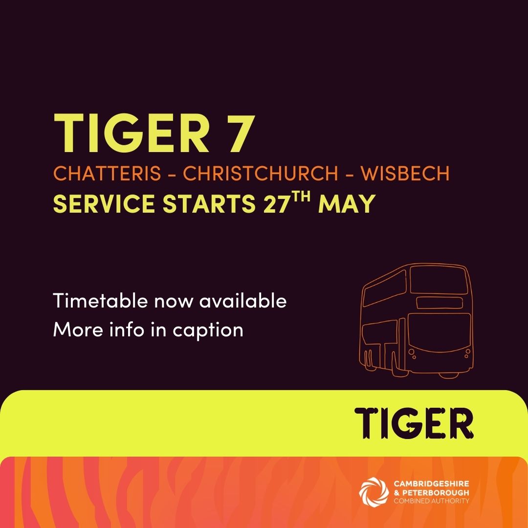 🐯 Tiger 7 – Your New Link from Wisbech to Chatteris! 🚌
Launching 27 May – just days to go!

Wisbech - Emneth - Outwell - Upwell - Christchurch - Manea - Chatteris

Explore the full timetable and all stops 👉 orlo.uk/lrkw9

#TigerBus #Tiger7 #RoadToBetterBuses