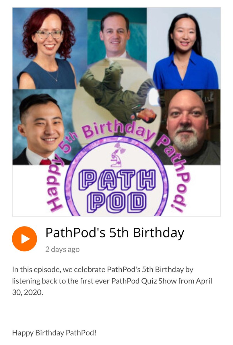 Michael Arnold, MD, PhD (@marnold_pedpath) on Twitter photo Happy 5th birthday <a href="/PathPod/">The PathPod Podcast</a>! So grateful to everyone who has shared their stories or worked on the podcast, and everyone who listened!
pathpod.podbean.com
<a href="/Sara_Jiang/">Xiaoyin "Sara" Jiang, MD (She/Her)</a> <a href="/KMirza/">Kamran Mirza MD PhD - کامران مرزا</a> <a href="/sanamloghavi/">Sanam Loghavi, MD صنم لغوی 🔬🧬</a> <a href="/IHC_guy/">Andrew Bellizzi 🇺🇦</a> <a href="/Chucktowndoc/">Frank Ingram, MD</a> <a href="/Mattcrophage/">Matt Xi Luo, MD</a> Happy 5th birthday <a href="/PathPod/">The PathPod Podcast</a>! So grateful to everyone who has shared their stories or worked on the podcast, and everyone who listened!
pathpod.podbean.com
<a href="/Sara_Jiang/">Xiaoyin "Sara" Jiang, MD (She/Her)</a> <a href="/KMirza/">Kamran Mirza MD PhD - کامران مرزا</a> <a href="/sanamloghavi/">Sanam Loghavi, MD صنم لغوی 🔬🧬</a> <a href="/IHC_guy/">Andrew Bellizzi 🇺🇦</a> <a href="/Chucktowndoc/">Frank Ingram, MD</a> <a href="/Mattcrophage/">Matt Xi Luo, MD</a>
