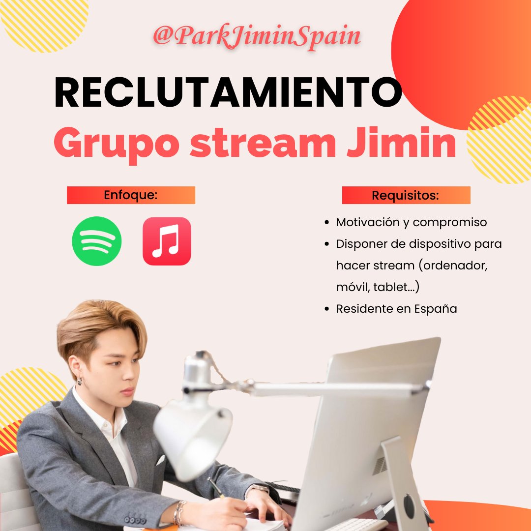 Jimin Spain 🇪🇸 (@parkjiminspain) on Twitter photo Desde <a href="/ParkJiminSpain/">Jimin Spain 🇪🇸</a> buscamos reforzar nuestro equipo de Spotify y Apple Music, por lo que llevamos a cabo un reclutamiento de fans de Jimin.
Se os guiará en todo lo relacionado con el stream de cara a futuros proyectos de Jimin.
Interesados enviad MD. Residentes en España. Desde <a href="/ParkJiminSpain/">Jimin Spain 🇪🇸</a> buscamos reforzar nuestro equipo de Spotify y Apple Music, por lo que llevamos a cabo un reclutamiento de fans de Jimin.
Se os guiará en todo lo relacionado con el stream de cara a futuros proyectos de Jimin.
Interesados enviad MD. Residentes en España.