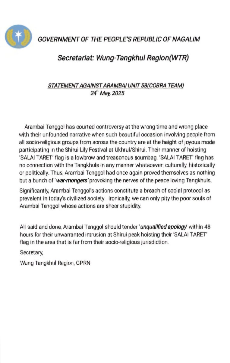 Chonghang (Kuki ka parivar) (@lk_zougam) on Twitter photo #Manipur
24th may 2025
GOVERNMENT OF THE PEOPLE'S REPUBLIC OF NAGALIM
Secretariat: Wung-Tangkhul Region(WTR)
STATEMENT AGAINST #ArambaiTenggol_Terrorist UNIT 58(COBRA TEAM)
<a href="/Sana10Meitei/">sanajaoba</a> <a href="/NBirenSingh/">N. Biren Singh</a> <a href="/MeiteiAMA/">Association of Meiteis in the Americas</a> <a href="/meiteiheritage/">Meitei Heritage Society</a> <a href="/meiteikhamba/">Luwang Meitei Khamba</a> #Manipur
24th may 2025
GOVERNMENT OF THE PEOPLE'S REPUBLIC OF NAGALIM
Secretariat: Wung-Tangkhul Region(WTR)
STATEMENT AGAINST #ArambaiTenggol_Terrorist UNIT 58(COBRA TEAM)
<a href="/Sana10Meitei/">sanajaoba</a> <a href="/NBirenSingh/">N. Biren Singh</a> <a href="/MeiteiAMA/">Association of Meiteis in the Americas</a> <a href="/meiteiheritage/">Meitei Heritage Society</a> <a href="/meiteikhamba/">Luwang Meitei Khamba</a>