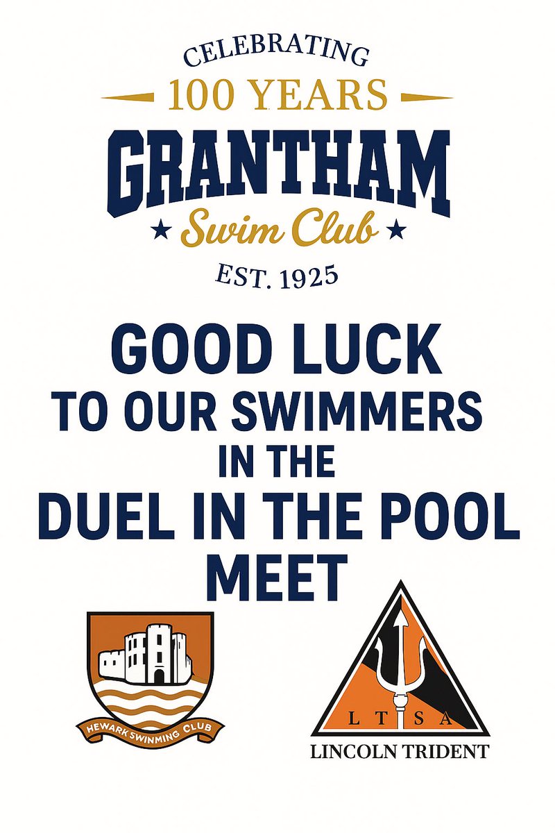 Wishing all our Grantham Swimmers great swimming today in the latest Duel in the Pool with Newark Swimming Club Lincoln Trident Swimming Academy

Many of our swimmers this will be their first ever competition 

Keep up the great work 💙💛