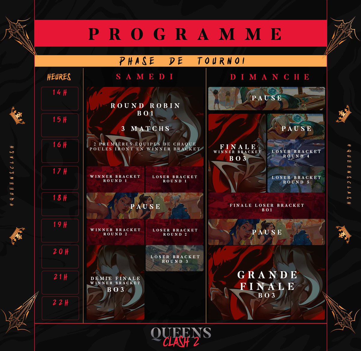 Le #QueensClash2 commence ! 🔴

Un évènement rassemblant les meilleures joueuses de France, tout commence maintenant, qui sera l'équipe sur le trône ? 👑

Premier Match Cast : 
EVYian 🆚 <a href="/MelioraEsport/">Meliora Esport</a>

⏰14h00
📺Twitch : OservTV
🎙️<a href="/Qoyllorr/">Mamy Qoqo 🤍</a> &amp; <a href="/Lyyyli_/">Lyyyli</a>
🎥<a href="/ERAH_Oxwig/">ERAH Oxwig</a>
#OSVWIN