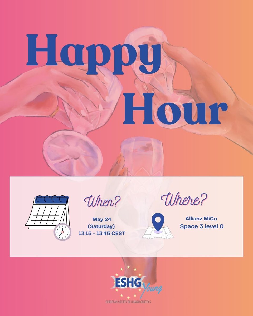 eshg_young (@eshg_young) on Twitter photo Join <a href="/eshg_young/">eshg_young</a> for the Happy Hour starting at 13:15 at #ESHG2025 Space 3, Level 0 🍹 Meet you trainee geneticists network and ESHG-Young Committee Members. We look forward to seeing you!🥂No registration needed, just come by. Join <a href="/eshg_young/">eshg_young</a> for the Happy Hour starting at 13:15 at #ESHG2025 Space 3, Level 0 🍹 Meet you trainee geneticists network and ESHG-Young Committee Members. We look forward to seeing you!🥂No registration needed, just come by.