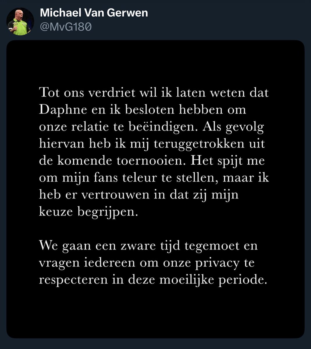Michael van Gerwen has announced he has split with his wife Daphne and this  is the reason he has withdrawn from this weekends Euro Tour Kinda explains  his recent performances, hopefully back, image size:1070x1200