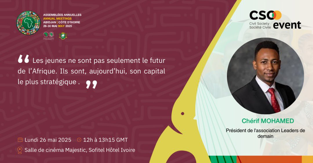 Leadersdedemain's tweet photo. 𝗟𝗲𝗮𝗱𝗲𝗿𝘀 𝗱𝗲 𝗗𝗲𝗺𝗮𝗶𝗻 𝗮𝘂𝘅 𝗔𝘀𝘀𝗲𝗺𝗯𝗹𝗲́𝗲𝘀 𝗔𝗻𝗻𝘂𝗲𝗹𝗹𝗲𝘀 𝗱𝗲 𝗹𝗮 𝗕𝗔𝗗 – 𝟮𝟬𝟮𝟱

Leaders de Demain prendra part, le 26 mai 2025, aux Assemblées Annuelles de la Banque Africaine de Développement (𝗕𝗔𝗗), prévues au Sofitel Abidjan Hôtel Ivoire. https://t.co/fh5zhJ2Wi1
