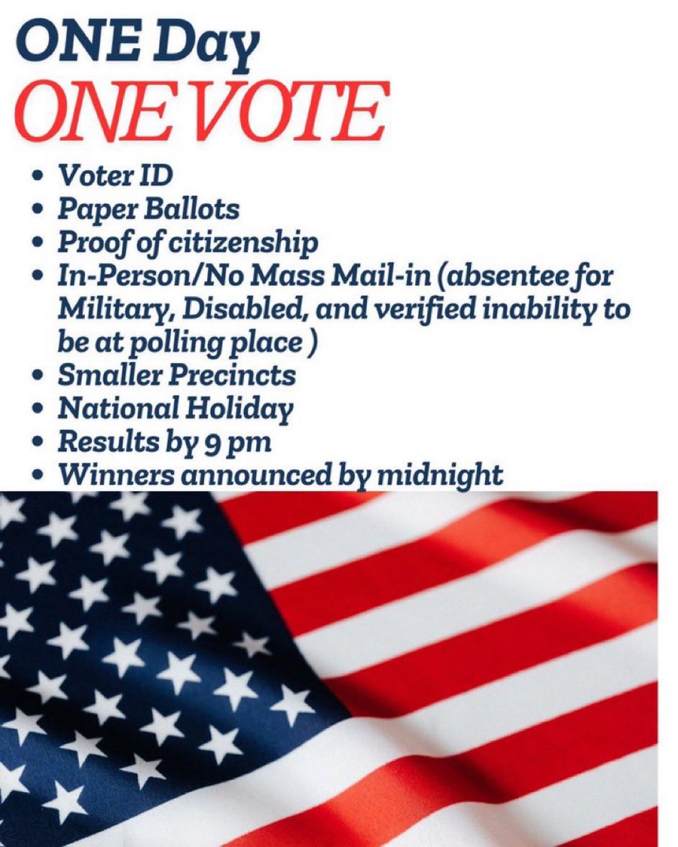 Janie Johnson - America is Exceptional (@jjauthor) on Twitter photo President Trump urges us to tag <a href="/LeaderJohnThune/">Leader John Thune</a> and demand the Senate pass:
A. Watermarked paper ballots
B. Same-day voting
C. Voter photo ID
D. Proof of citizenship
E. Election Day holiday
F. Hand counting
G. All of the above.
Now or we are doomed.
Pass it on - until it is President Trump urges us to tag <a href="/LeaderJohnThune/">Leader John Thune</a> and demand the Senate pass:
A. Watermarked paper ballots
B. Same-day voting
C. Voter photo ID
D. Proof of citizenship
E. Election Day holiday
F. Hand counting
G. All of the above.
Now or we are doomed.
Pass it on - until it is