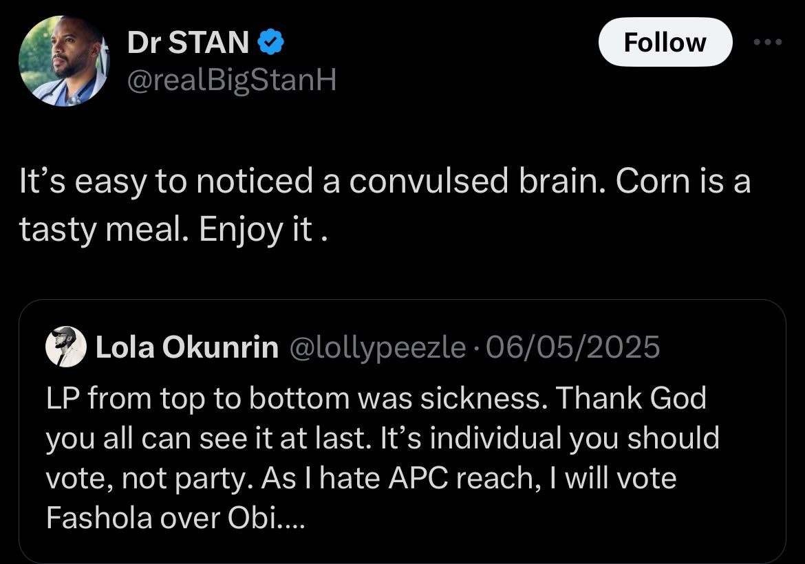 Dr Stan, it won’t be well with you. Hypocrite.
I don’t have any issue with Cross. Na you I get issue with. You are an animal and I mean it in all sincerity. Hypocrisy ti baye e je.

Last week, you were convulsing on my tweet about Fashola. See you here today. Bloody idiot.