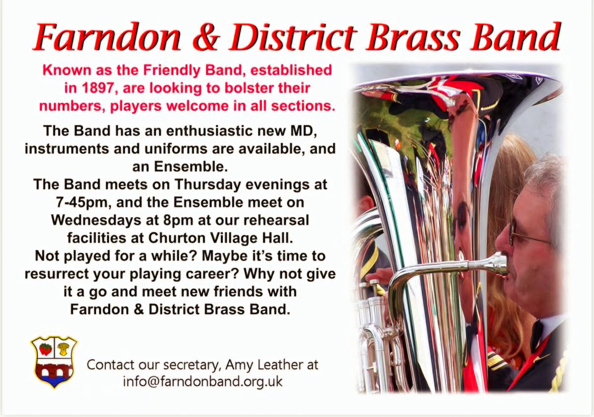 With the Recent Appointment of a New MD, Farndon &amp; District Brass Band, Chester 
Are Currently looking to Bolster its Ranks. 
We particularly would love to here from Back Row Cornets and Tenor Horns but All players Welcome.