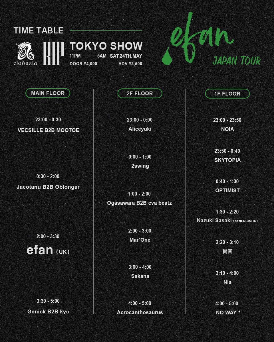 TONIGHT!｜5.24 SAT 11PM
『 RIP with Efan 』➤ #clubasia

* MAIN FLOOR
efan (UK)
Genick B2B kyo
Jacotanu B2B Oblongar
VECSILLE B2B MOOTOE

* 2F FLOOR
Mar'One
Sakana
Acrocanthosaurus
2swing
Aliceyuki
Ogasawara B2B cva beatz (DJ SET)

🎟️この後21時迄!! ▶︎
protocollon.zaiko.io/e/ripwithafan