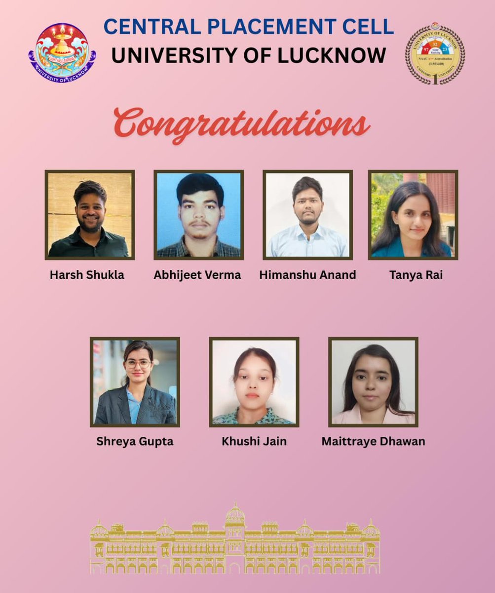 Central Placement Cell (@luplacement) on Twitter photo Congratulations to the talented students from the Department of Commerce, University of Lucknow, on their successful placement at BSIS Lucknow! Wishing you all the best for a bright and successful future!
<a href="/GovernorofUp/">Governor of Uttar Pradesh</a> 
<a href="/profalokkumar/">Professor Alok Kumar Rai</a> 
<a href="/dswlkouniv/">Dean Students’ Welfare, UoL</a> 
<a href="/lkouniv/">University of Lucknow</a> Congratulations to the talented students from the Department of Commerce, University of Lucknow, on their successful placement at BSIS Lucknow! Wishing you all the best for a bright and successful future!
<a href="/GovernorofUp/">Governor of Uttar Pradesh</a> 
<a href="/profalokkumar/">Professor Alok Kumar Rai</a> 
<a href="/dswlkouniv/">Dean Students’ Welfare, UoL</a> 
<a href="/lkouniv/">University of Lucknow</a>