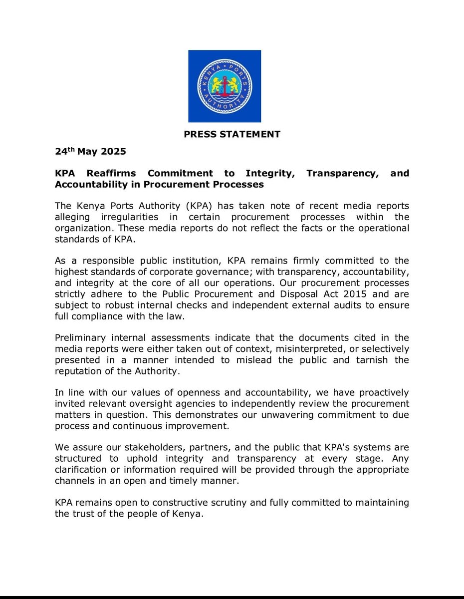 KPA Reaffirms Commitment to Integrity, Transparency, and Accountability in Procurement Processes.