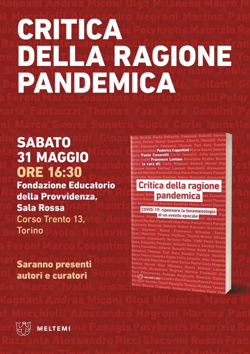 Sabato 31 maggio a Torino, presentazione di “Critica della ragione pandemica”, con i curatori e alcuni degli autori
