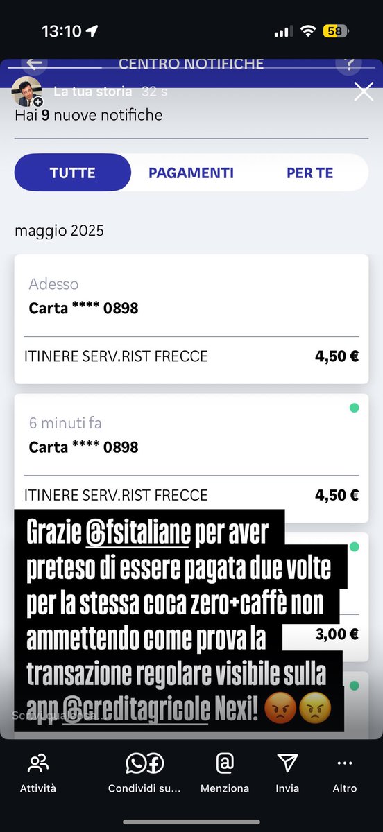 Grazie <a href="/fsitaliane/">Ferrovie dello Stato Italiane</a> per avermi chiesto di pagare due volte la stessa Coca-Cola+caffè non accettando come prova la transazione visibile sulla app <a href="/CA_Ita/">Crédit Agricole Italia</a> <a href="/nexipayments/">Nexi Italy</a> quando il problema è evidentemente il vostro pos… 🤬😡