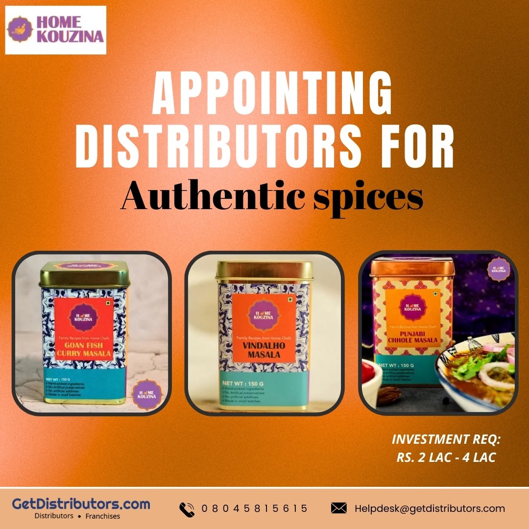 getdistributors's tweet image. Appointing Distributors  for authentic spices
Brand #Home_Kouzina
Details 👉 getdistributors.com/tiny/ZtjVq484iY
★Investment Needed :  Rs. 2 Lac  - 4 Lac
✓Hurry to Avail #Distributorship !
Share your contact details.
#Authenticspices #Dealer #BusinessOpportunity #Suppliers #Manfacturer