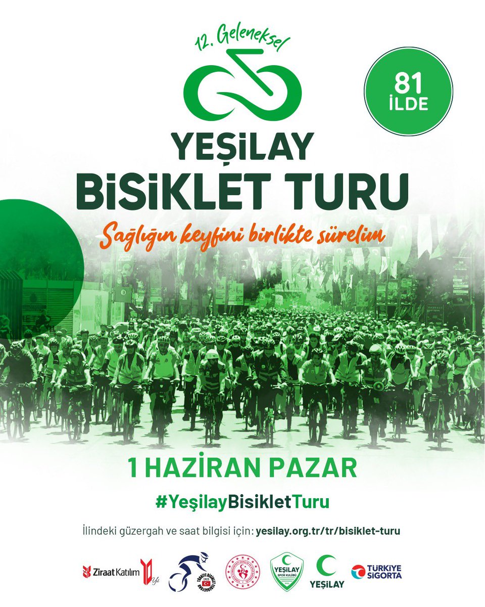 🚴‍♀ Pedallar bağımsızlık için dönüyor 🛞 Hazır mısın?

1 Haziran’da 81 ilde binlerce kişi bağımlılıklardan uzak bir gelecek için aynı hedefe ilerliyor 💚 12. Yeşilay Bisiklet Turu’nda sen de bu yolculuğun bir parçası ol #SağlığınKeyfiniBirlikteSürelim 

📅 Tarih: 1 Haziran
📍