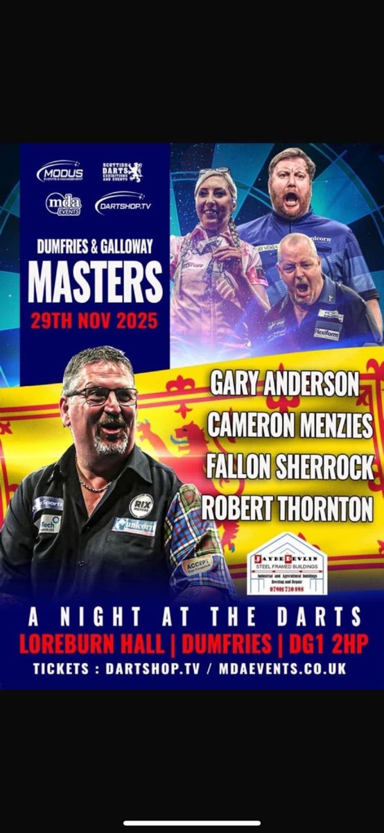 DavieHanson180's tweet image. The D & G Masters Saturday Nov 29th @Loreburn Hall Dumfries Tickets Available @MDAevents @ModusDarts180 @GaryAnderson180 @Fsherrock @TheThorn180 @CameronMenzies