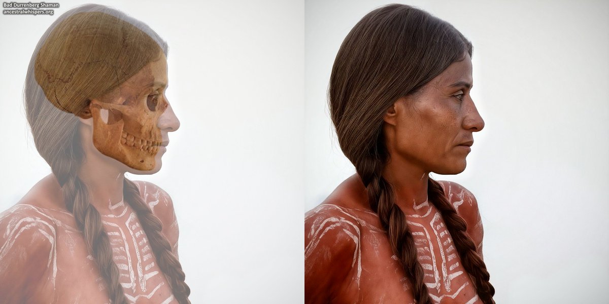 Sulkalmakh's tweet photo. Facial reconstruction of a 9,000-year-old WHG from Germany. 

Standing 165cm tall, she likely died of tooth inflammation at 30–40 years old. Buried with an unrelated infant in a rich Mesolithic grave, people continued to bring offerings to her grave for centuries after her death. https://t.co/2ISI8YJ4z1