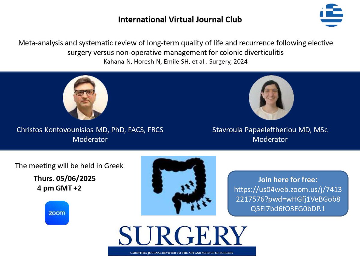 SURGERY Journal (@surgjournal) on Twitter photo We are happy to announce the official start of our international journal club!🤩
We are kicking it off from Greece 🇬🇷
us04web.zoom.us/j/74132217576?…
<a href="/SWexner/">Steven D Wexner MD, PhD</a> <a href="/CaitlinWHicks/">Caitlin Hicks MD, MS</a> <a href="/juliomayol/">Julio Mayol</a> <a href="/SyedAAhmad5/">Syed A. Ahmad</a> <a href="/ckontovo/">C. Kontovounisios</a> <a href="/ZGaroufalia/">ZoeGaroufalia</a> <a href="/A160186/">Dr. Ameera©️</a> <a href="/debby_keller/">Debby Keller, MD</a> <a href="/GianlucaPellino/">Gianluca Pellino</a>
#SoMe4Surgery We are happy to announce the official start of our international journal club!🤩
We are kicking it off from Greece 🇬🇷
us04web.zoom.us/j/74132217576?…
<a href="/SWexner/">Steven D Wexner MD, PhD</a> <a href="/CaitlinWHicks/">Caitlin Hicks MD, MS</a> <a href="/juliomayol/">Julio Mayol</a> <a href="/SyedAAhmad5/">Syed A. Ahmad</a> <a href="/ckontovo/">C. Kontovounisios</a> <a href="/ZGaroufalia/">ZoeGaroufalia</a> <a href="/A160186/">Dr. Ameera©️</a> <a href="/debby_keller/">Debby Keller, MD</a> <a href="/GianlucaPellino/">Gianluca Pellino</a>
#SoMe4Surgery