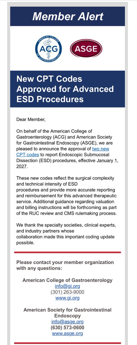 Neil Sharma, M.D. FASGE, FACG, AGAF (@neilrsharmamd) on Twitter photo New Esd codes referenced below (on picture)
Congratulations to everyone who has worked to make the procedure “official”
2027 start.. more to be developed..
<a href="/ASGEendoscopy/">ASGE GI Endoscopy</a>
<a href="/AmCollegeGastro/">ACG</a>
<a href="/AmerGastroAssn/">American Gastroenterological Association (AGA)</a>
<a href="/FITE_endoscopy/">FITE - Foundation</a> New Esd codes referenced below (on picture)
Congratulations to everyone who has worked to make the procedure “official”
2027 start.. more to be developed..
<a href="/ASGEendoscopy/">ASGE GI Endoscopy</a>
<a href="/AmCollegeGastro/">ACG</a>
<a href="/AmerGastroAssn/">American Gastroenterological Association (AGA)</a>
<a href="/FITE_endoscopy/">FITE - Foundation</a>