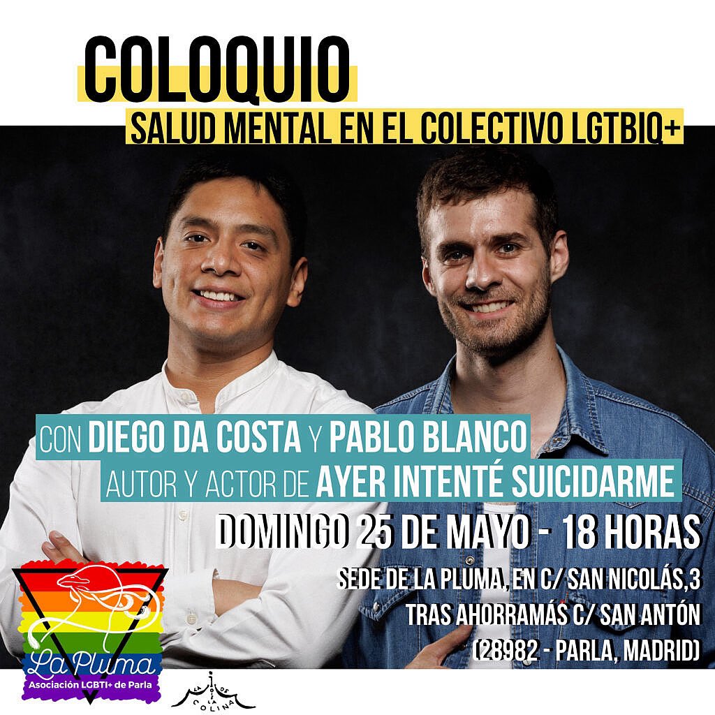 La Pluma 🏳️🌈🪶🏳️⚧️ (@laplumaparla) on Twitter photo ⚠️ Coloquio SALUD MENTAL EN LA COMUNIDAD #LGBTIQ+ con <a href="/diegodacostax/">Diego Da Costa</a> y Pablo Blanco #LaJoieDeLaColina.
📌 Mañana domingo 25, 18:00h en nuestra Sede #CentroArcoírisParla (C/San Nicolás bajo 3 #Parla, #Madrid). Actividad gratuita hasta completar aforo.
ℹ️ laplumaparla.org/evento-calenda… ⚠️ Coloquio SALUD MENTAL EN LA COMUNIDAD #LGBTIQ+ con <a href="/diegodacostax/">Diego Da Costa</a> y Pablo Blanco #LaJoieDeLaColina.
📌 Mañana domingo 25, 18:00h en nuestra Sede #CentroArcoírisParla (C/San Nicolás bajo 3 #Parla, #Madrid). Actividad gratuita hasta completar aforo.
ℹ️ laplumaparla.org/evento-calenda…